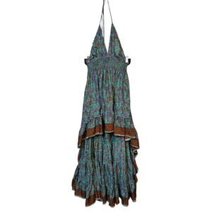 Zury Silk Blend Boho Maxi Dress Paisley Halter High Low Tiered Gypsy Free Size